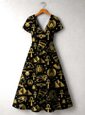 'Nefertiti' Black Gold Short Sleeve Maxi Dress