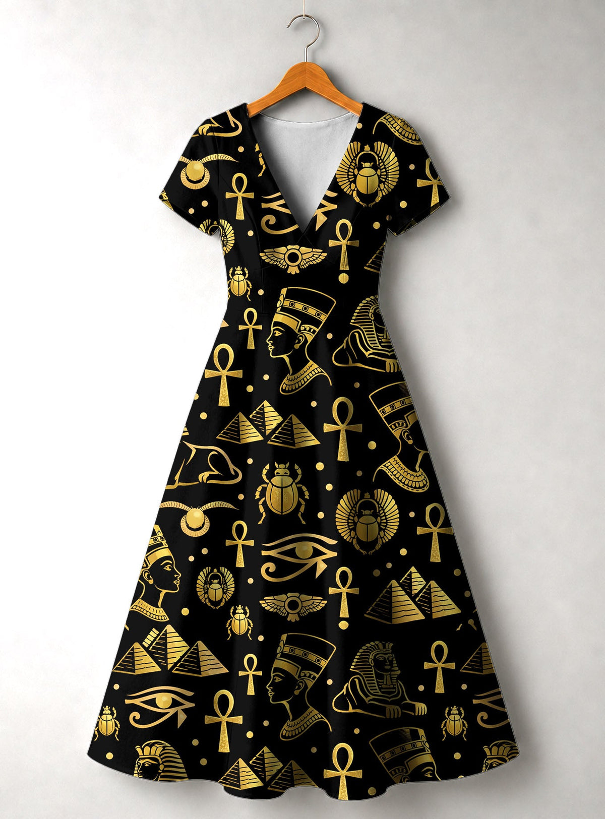 'Nefertiti' Black Gold Short Sleeve Maxi Dress