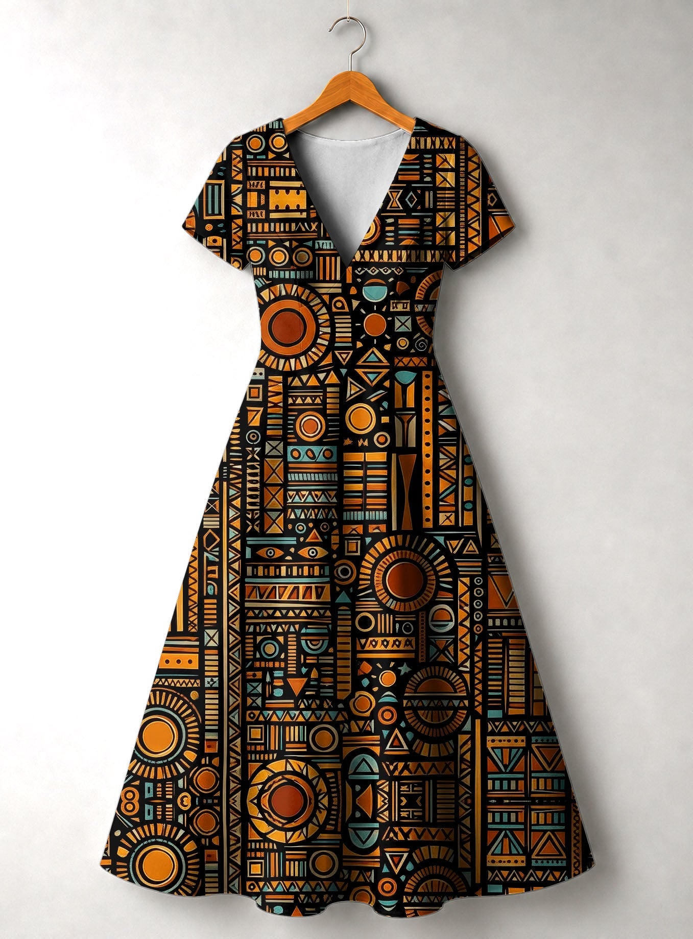 Afrocentric Pattern Short Sleeve Maxi Dress
