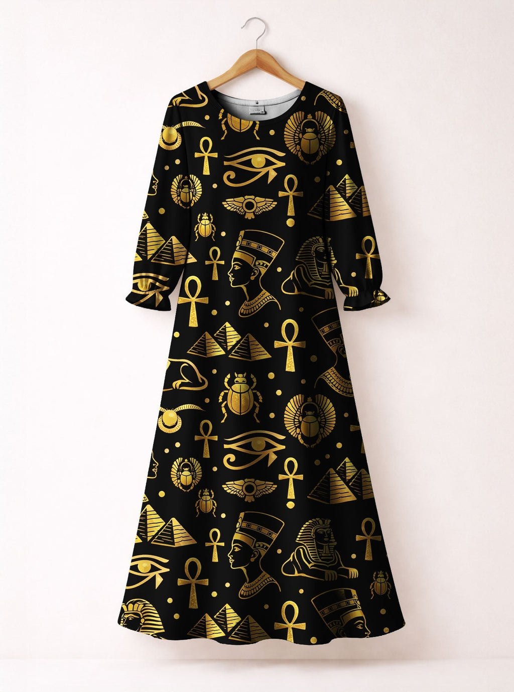 'Nefertiti' Black Gold Long Sleeve Maxi Dress