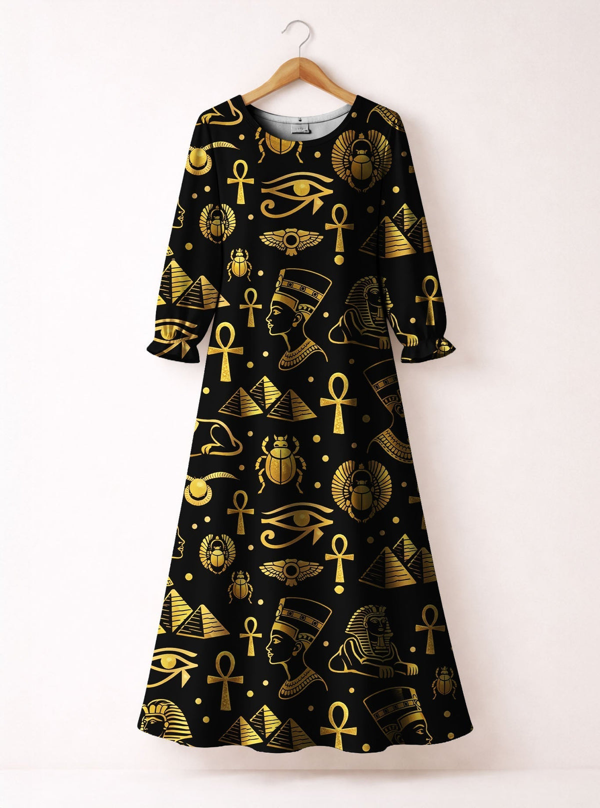'Nefertiti' Black Gold Long Sleeve Maxi Dress