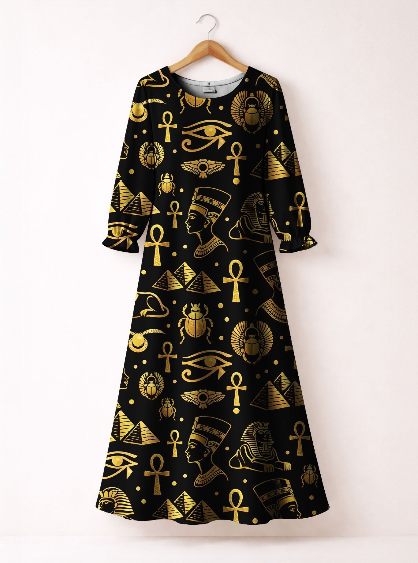 'Nefertiti' Black Gold Long Sleeve Maxi Dress