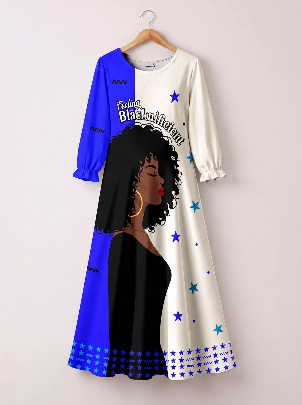 'Feeling Blacknificient Blue' Long Sleeve Maxi Dress