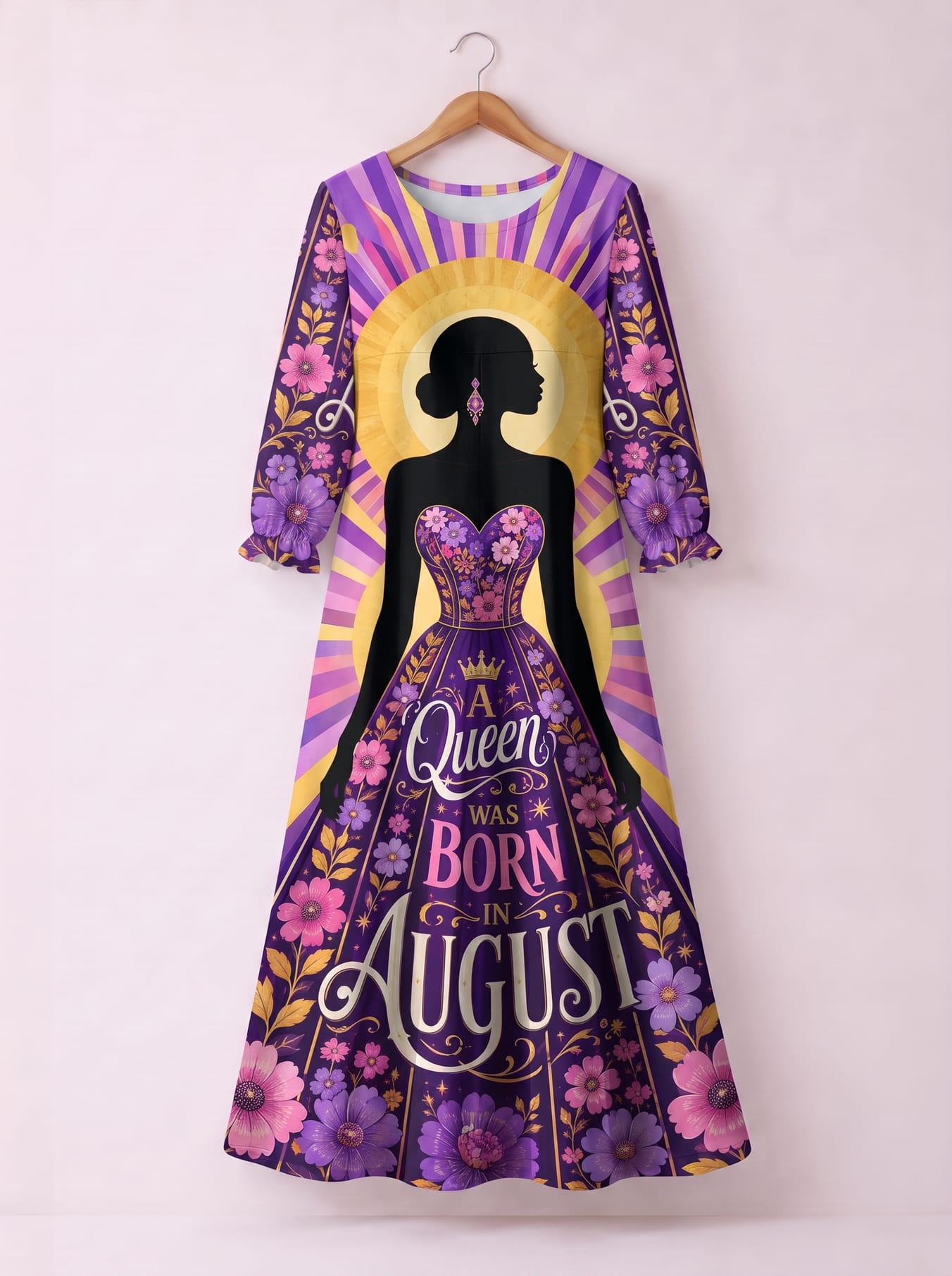 'August Queen Purple Bloom' Long Sleeve Maxi Dress