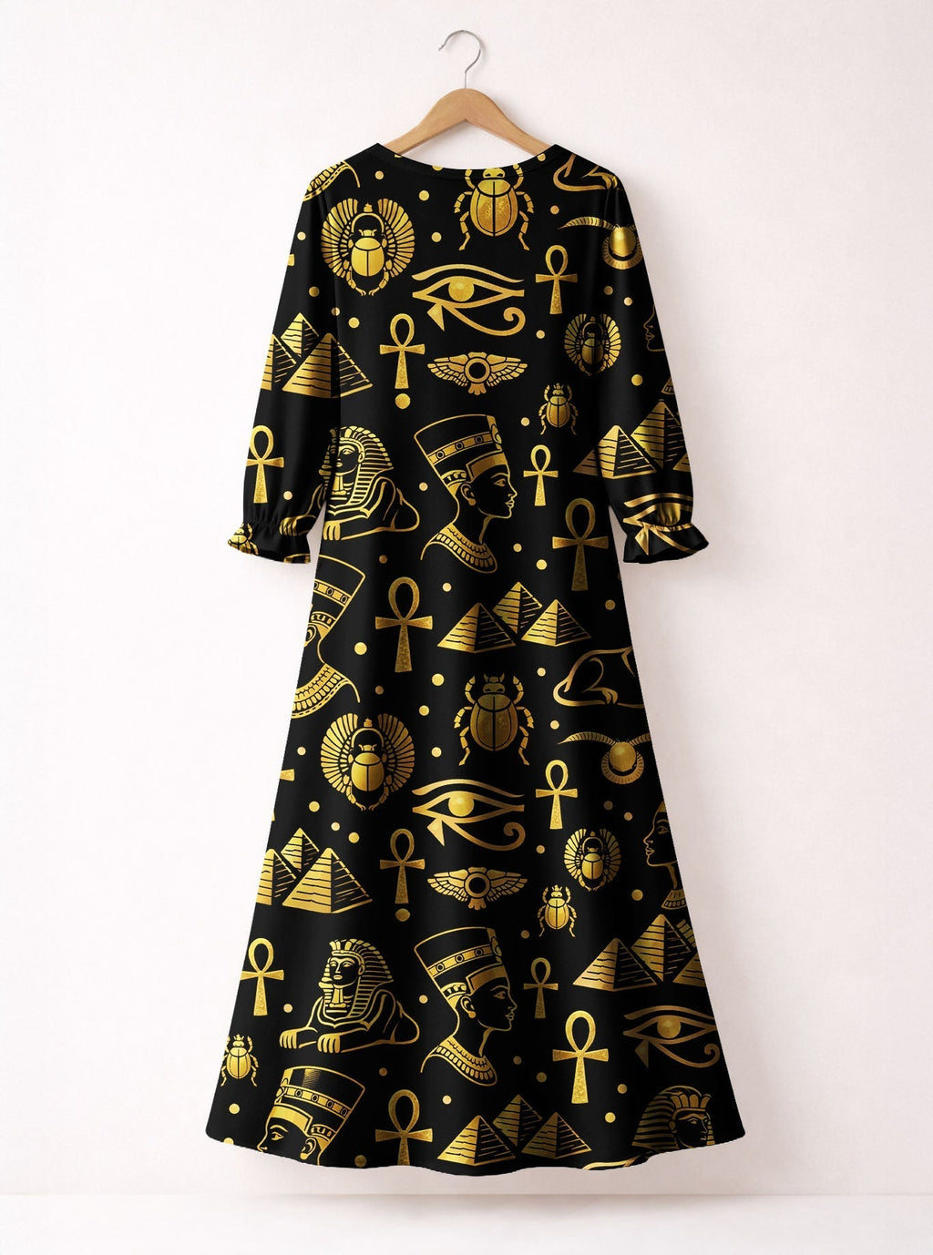 'Nefertiti' Black Gold Long Sleeve Maxi Dress