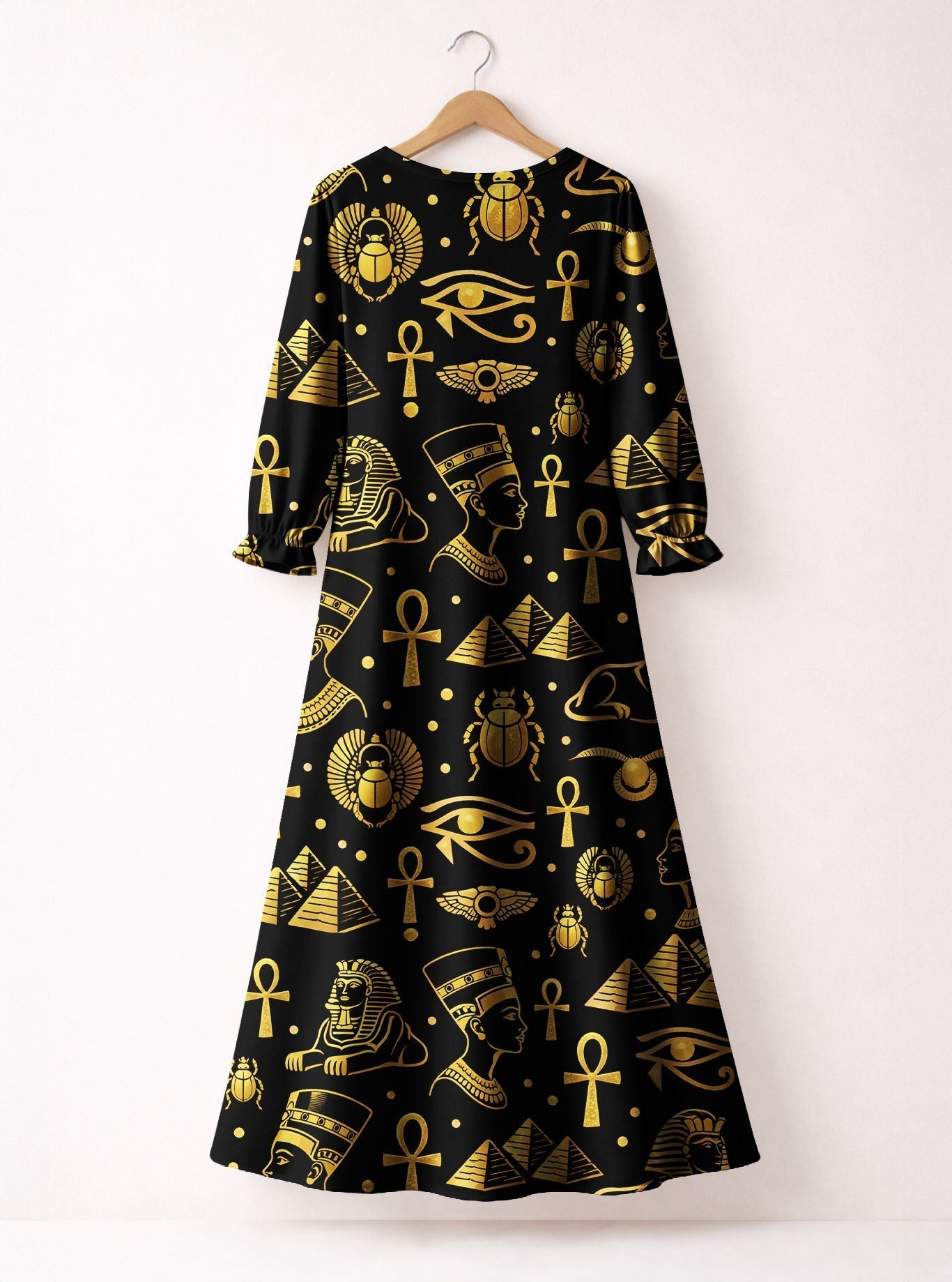 'Nefertiti' Black Gold Long Sleeve Maxi Dress