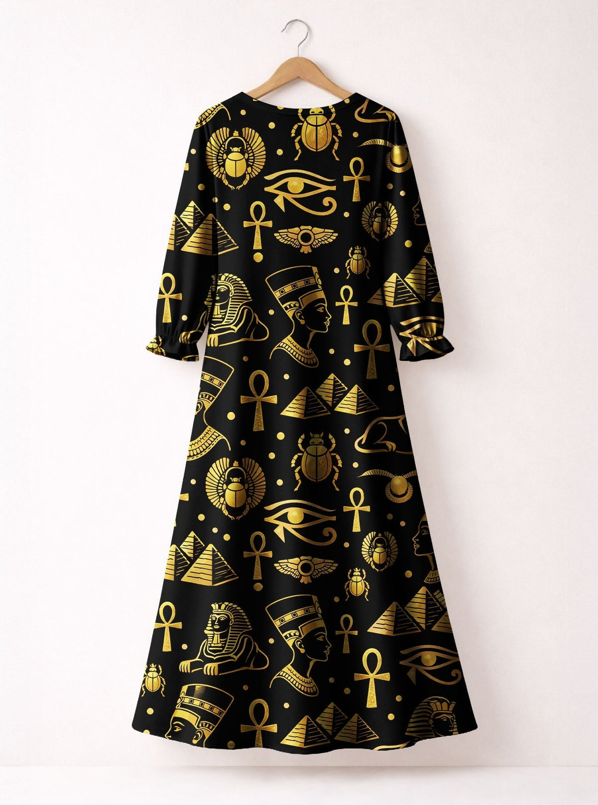 'Nefertiti' Black Gold Long Sleeve Maxi Dress