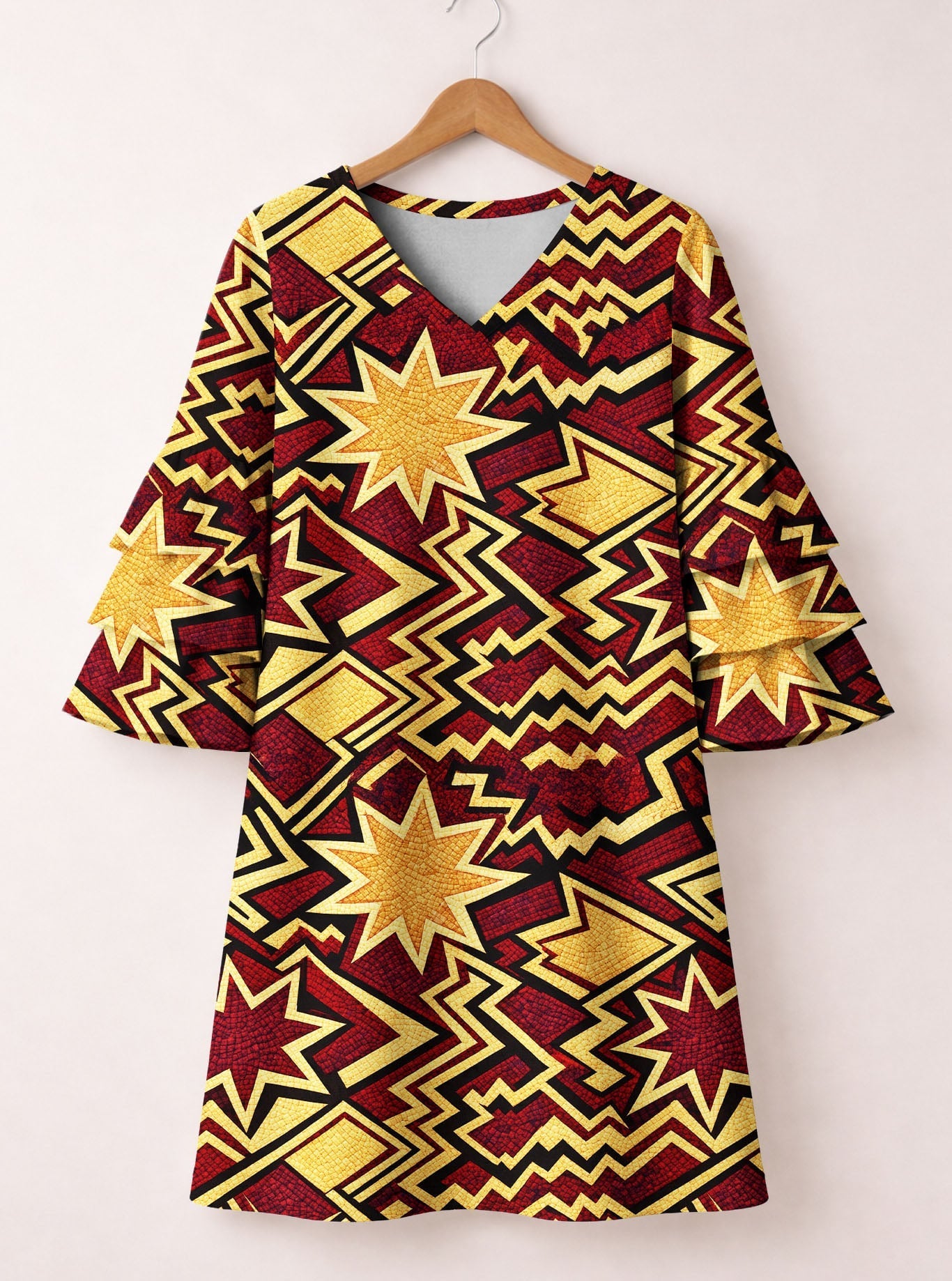 Burgundy Sheba Stacked Ruffle Sleeve Dress