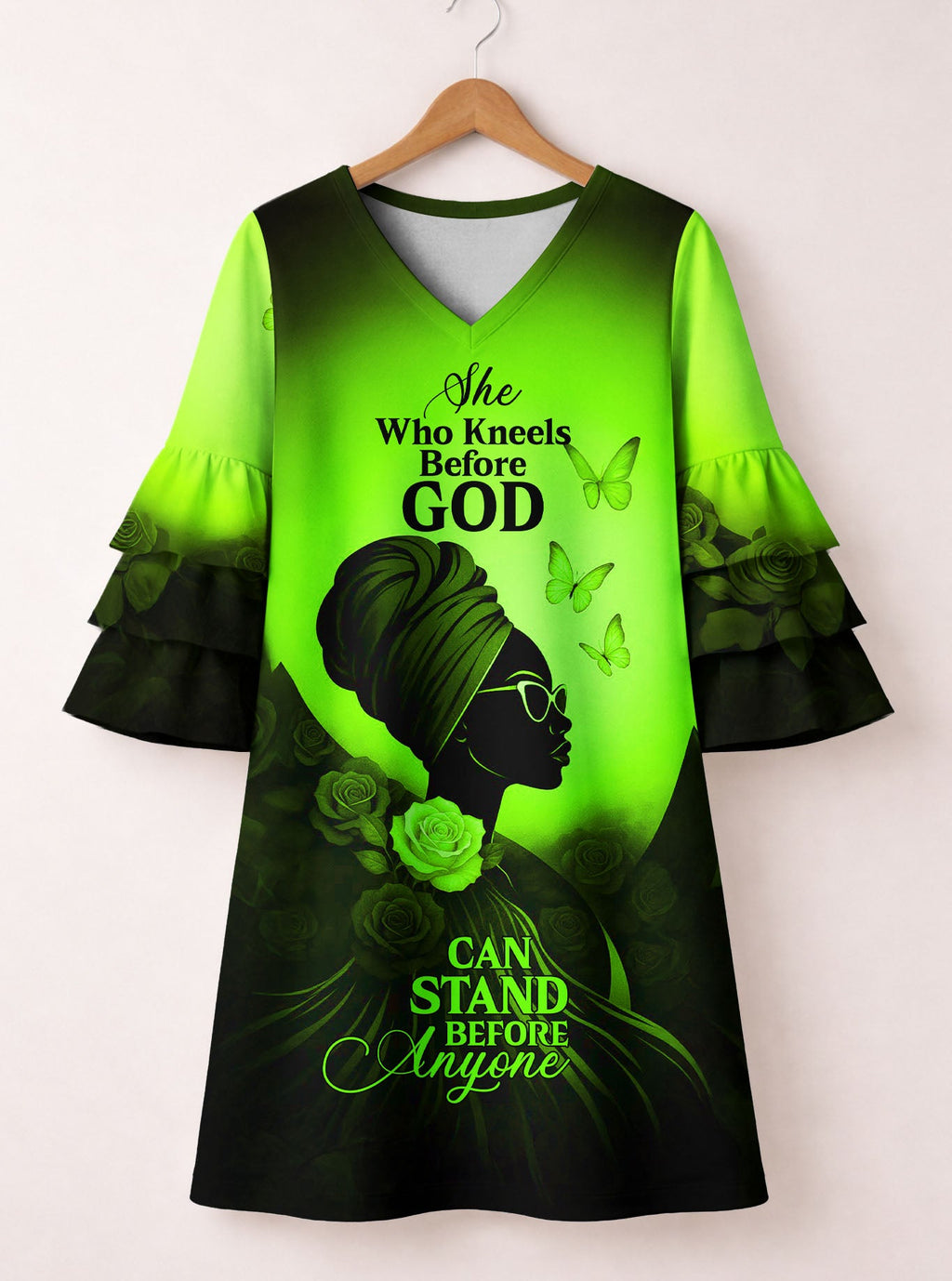 'Selah' Green Stacked Ruffle Sleeve Dress