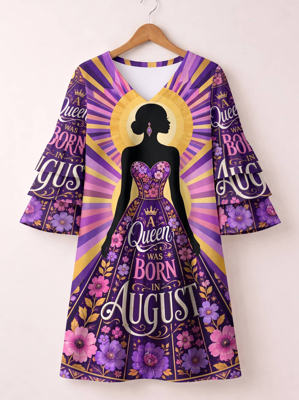 'August Queen Purple Bloom' Stacked Ruffle Sleeve Dress