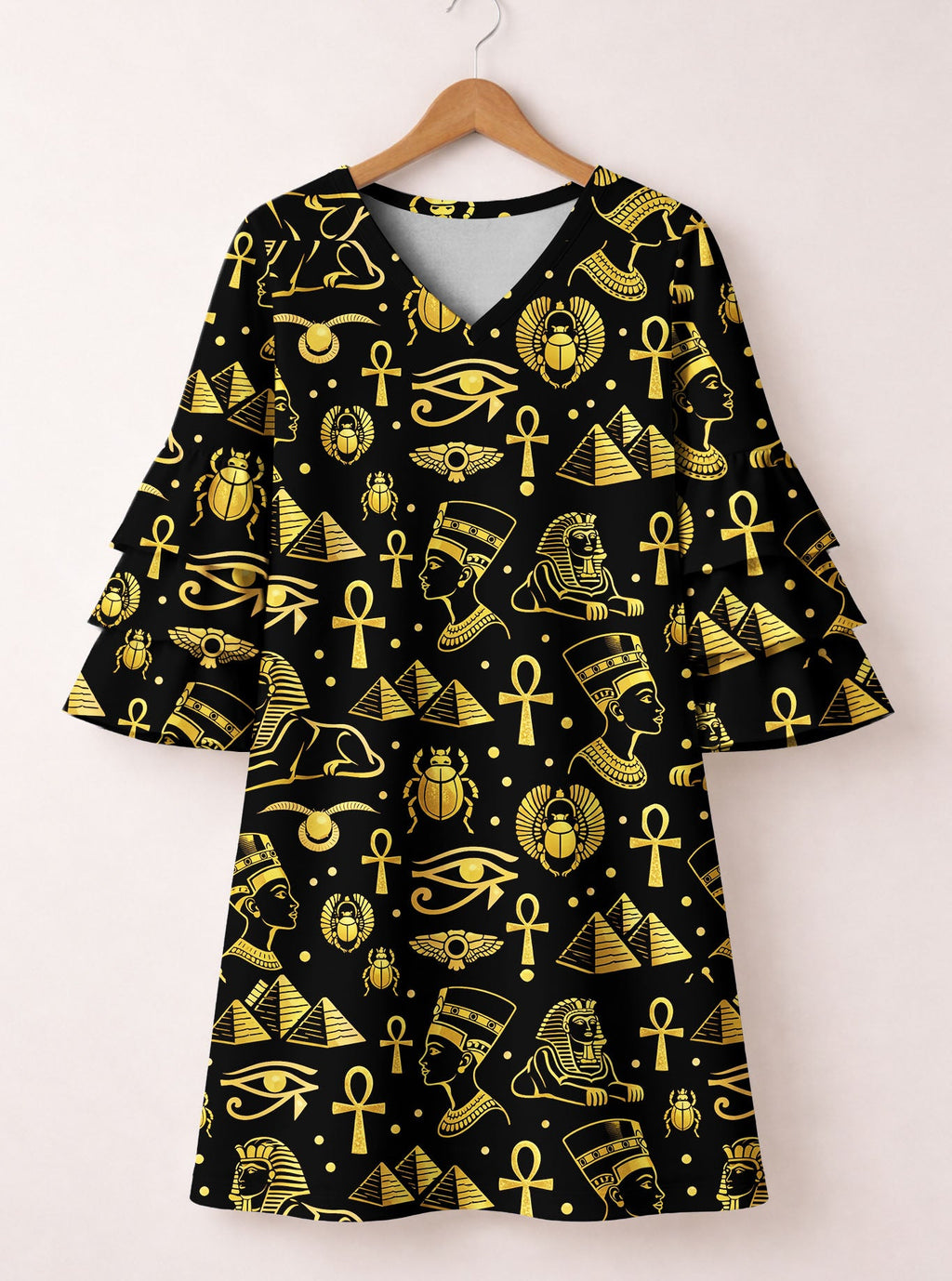 'Nefertiti' Black Gold Stacked Ruffle Sleeve Dress
