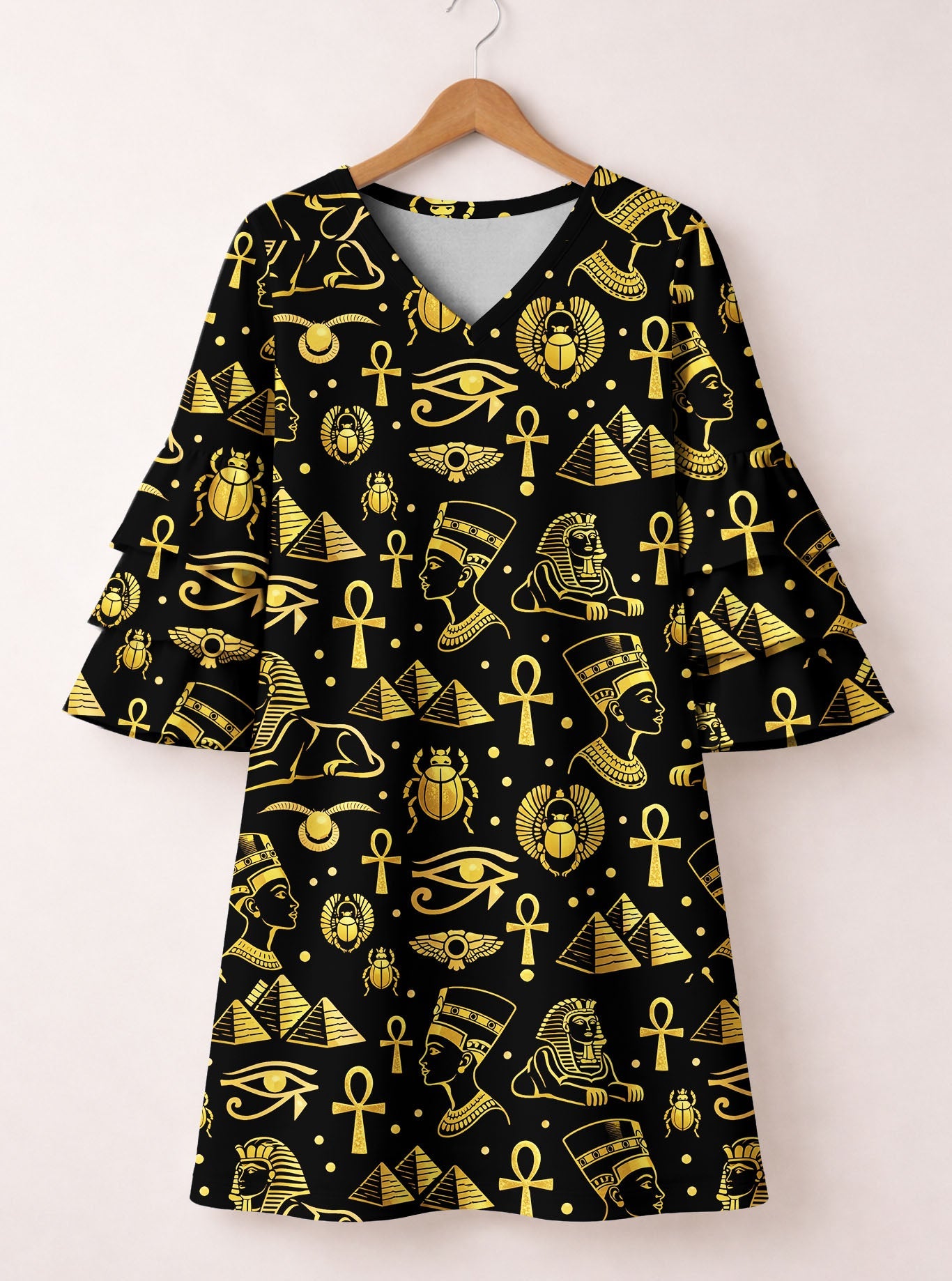 'Nefertiti' Black Gold Stacked Ruffle Sleeve Dress