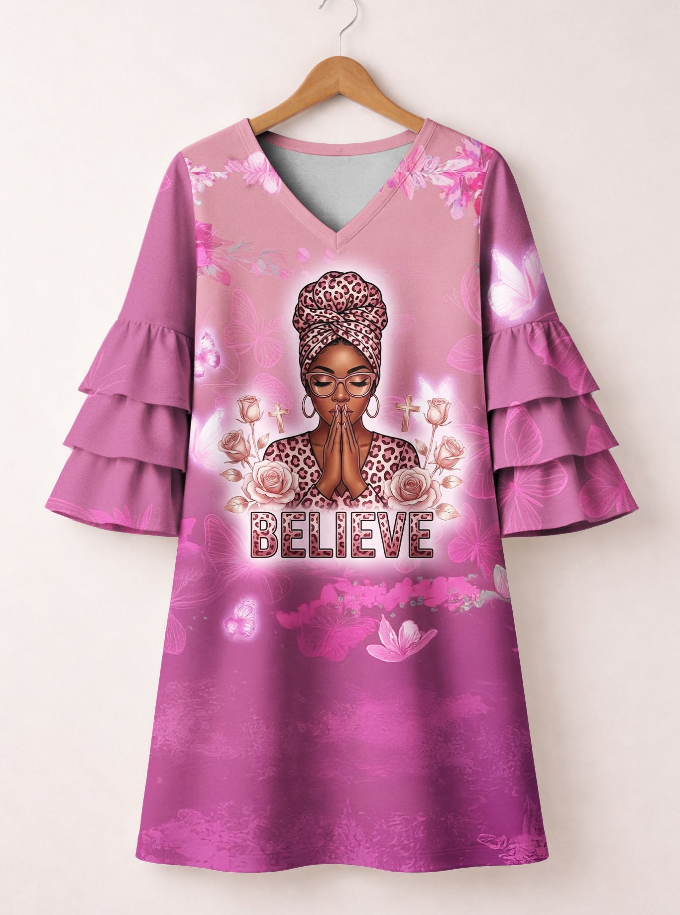'Imani' Wild Rose Stacked Ruffle Sleeve Dress