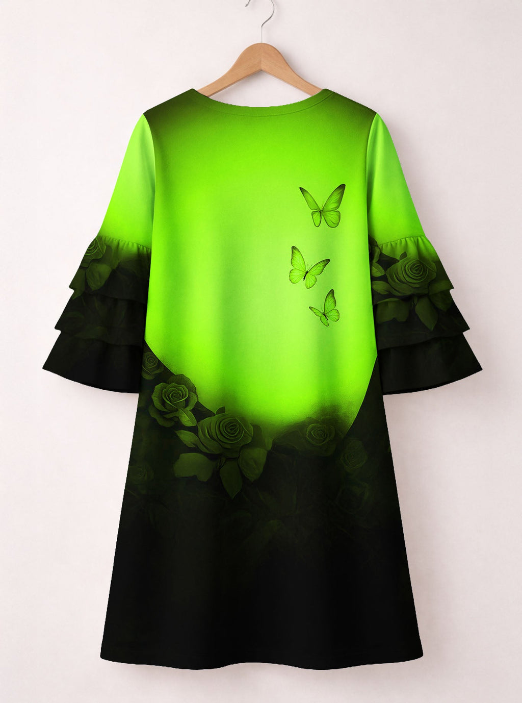 'Selah' Green Stacked Ruffle Sleeve Dress