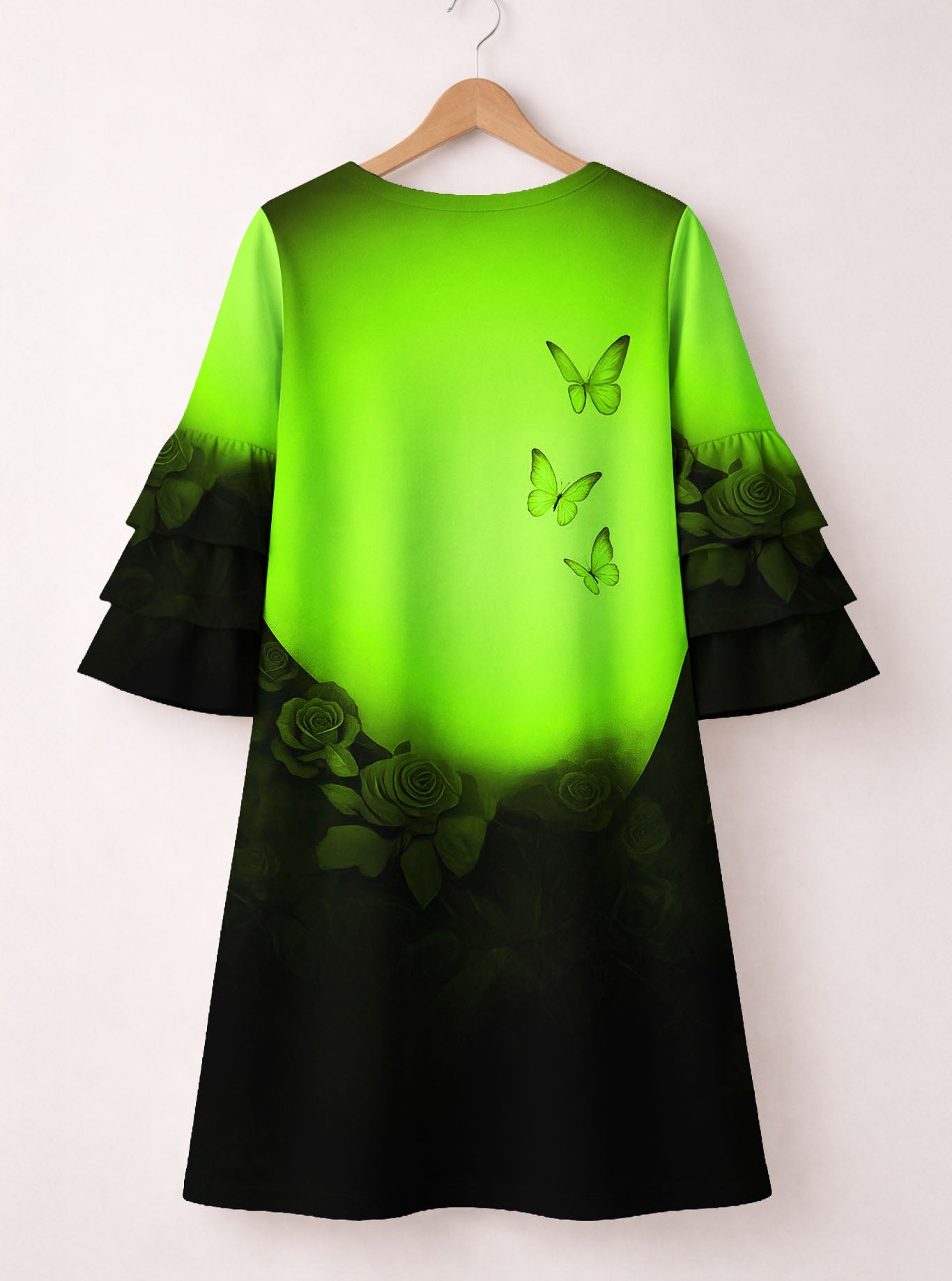 'Selah' Green Stacked Ruffle Sleeve Dress