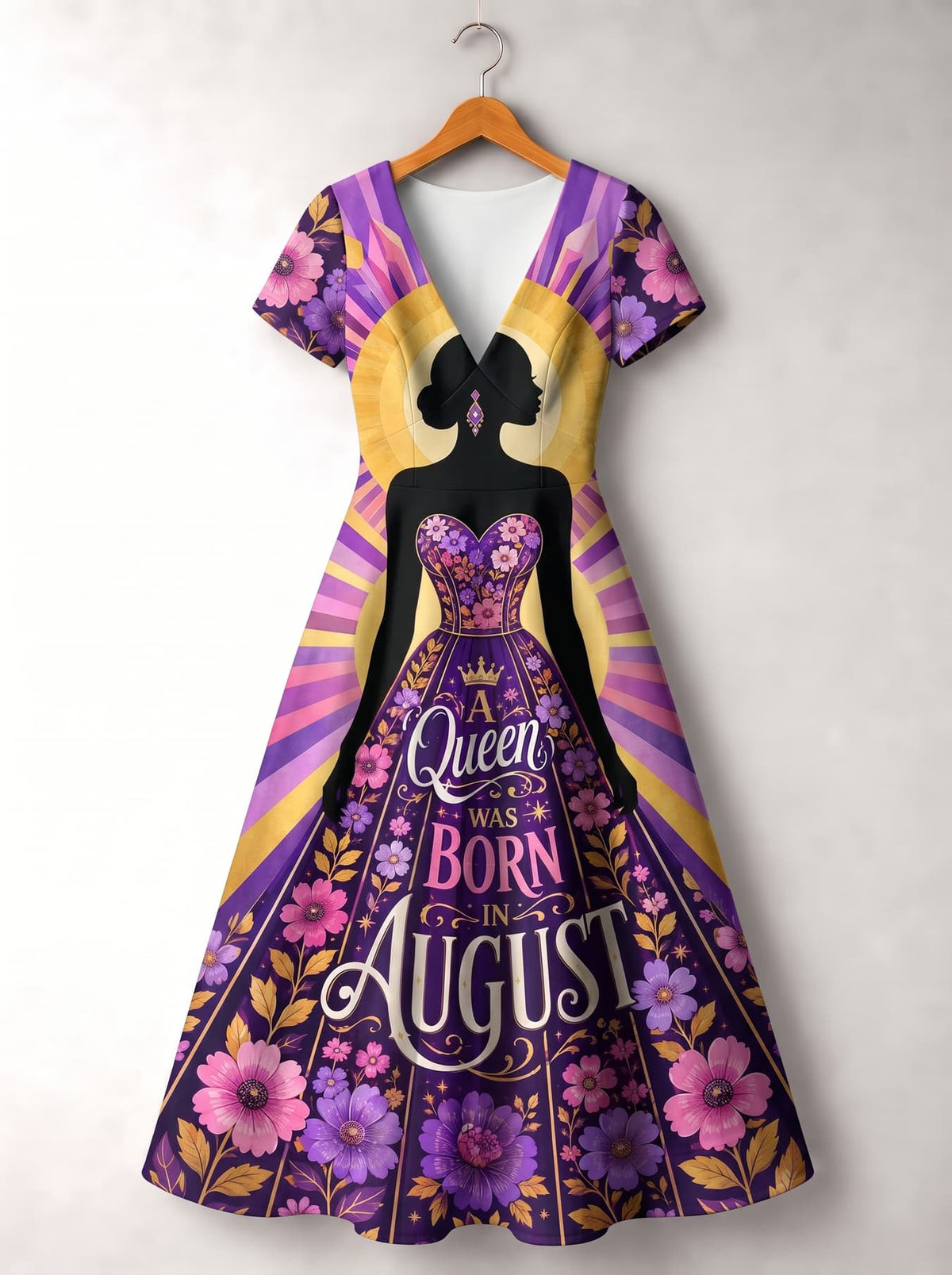 'August Queen Purple Bloom' Short Sleeve Maxi Dress