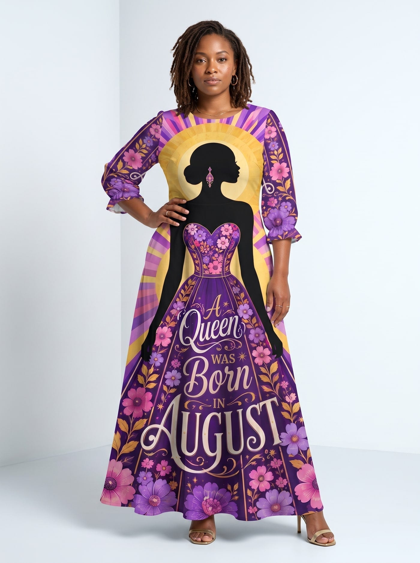 'August Queen Purple Bloom' Long Sleeve Maxi Dress