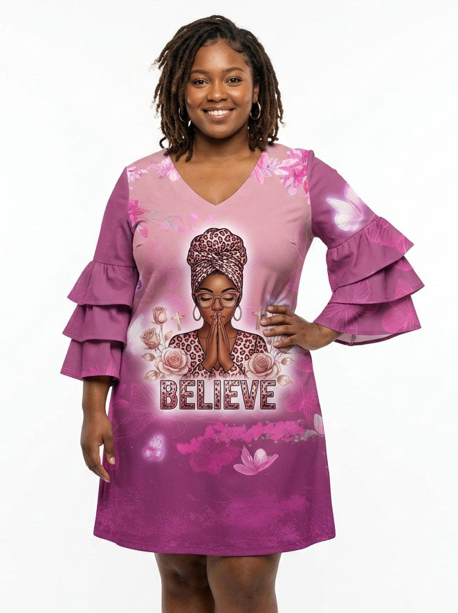 'Imani' Wild Rose Stacked Ruffle Sleeve Dress
