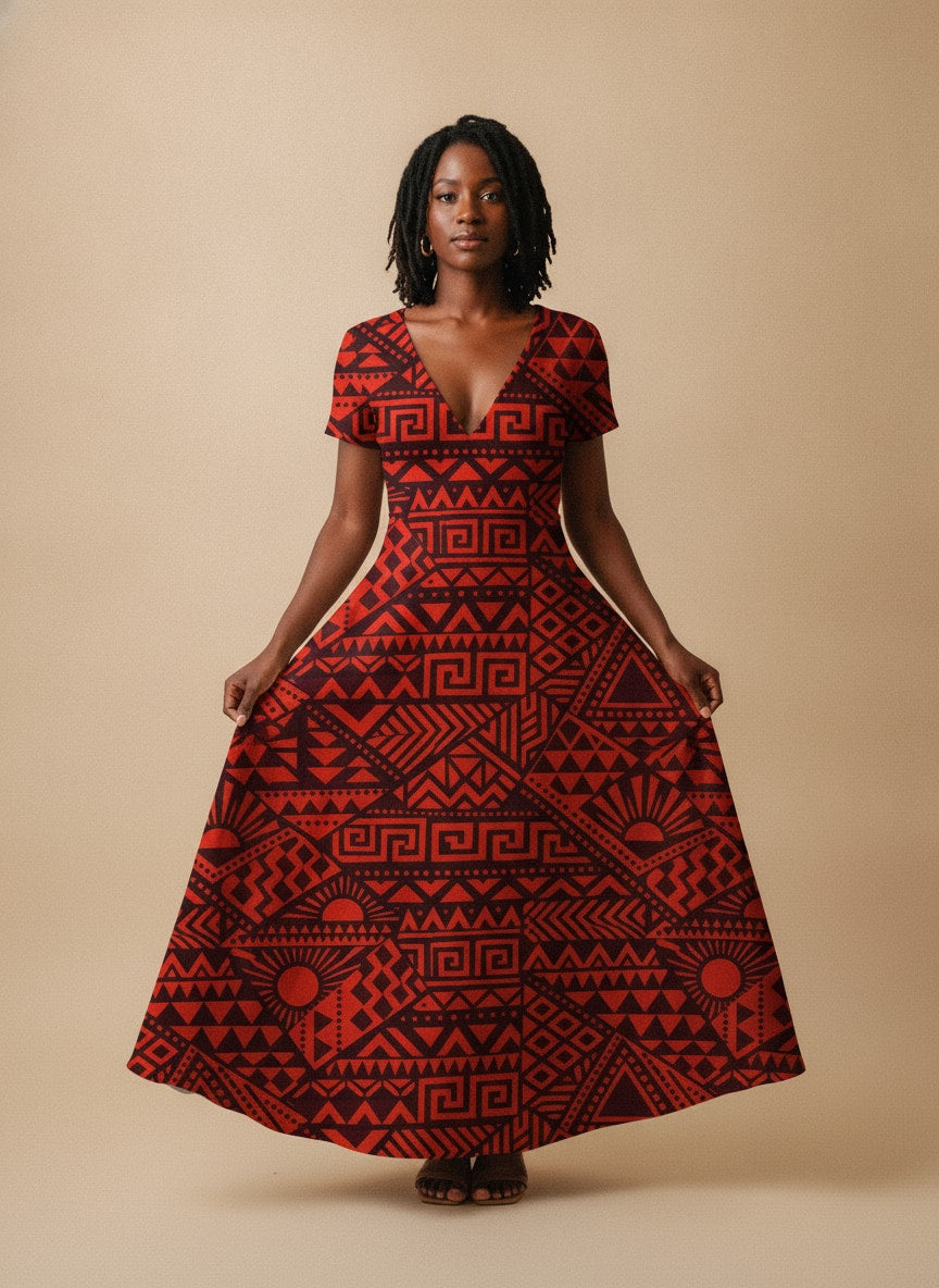 'Shaka' Burgundy Short Sleeve Maxi Dress