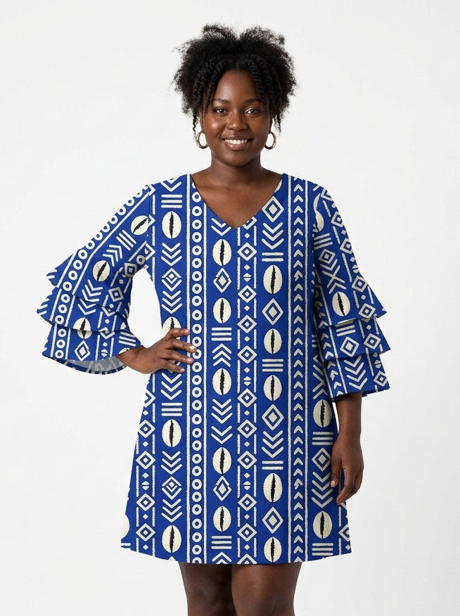 'Oshun' Royal Blue Stacked Ruffle Sleeve Dress