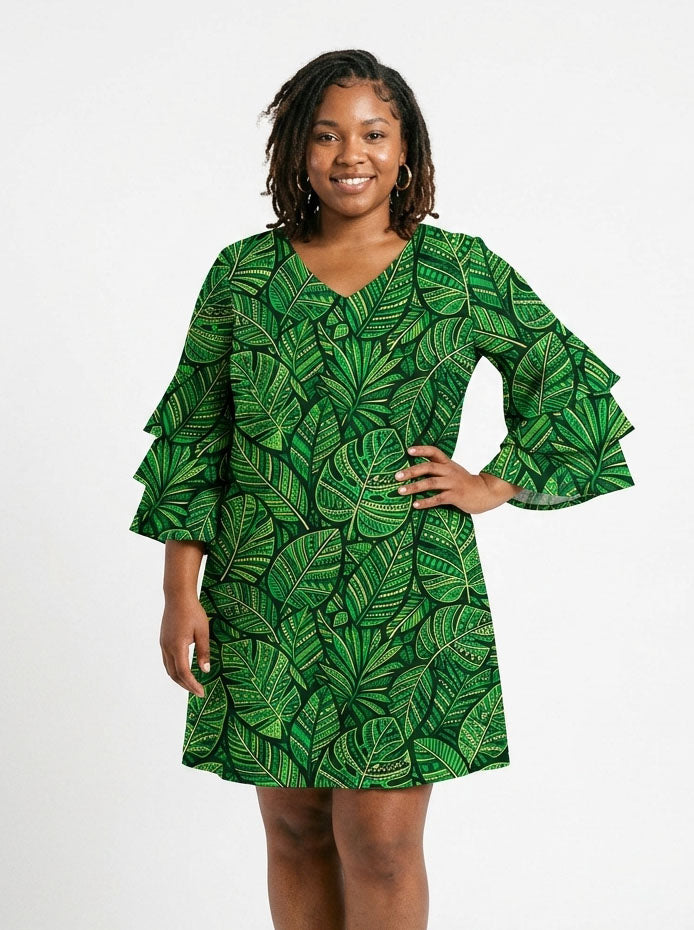 'Asili' Emerald Stacked Ruffle Sleeve Dress