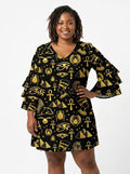 'Nefertiti' Black Gold Stacked Ruffle Sleeve Dress
