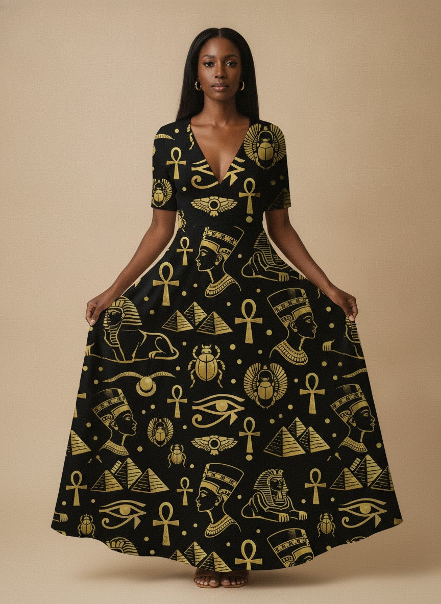 'Nefertiti' Black Gold Short Sleeve Maxi Dress