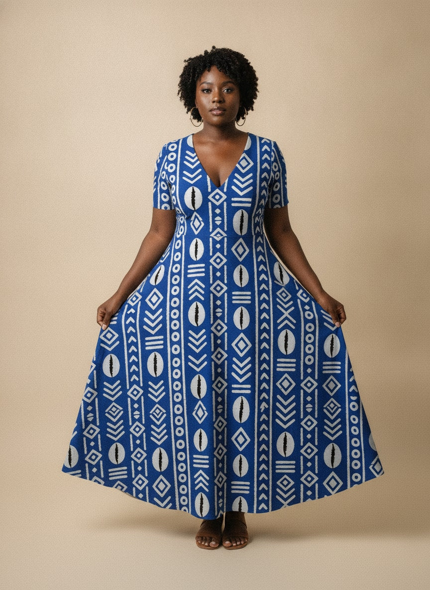 'Oshun' Royal Blue Short Sleeve Maxi Dress