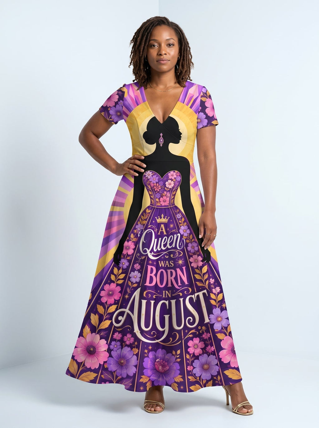 'August Queen Purple Bloom' Short Sleeve Maxi Dress