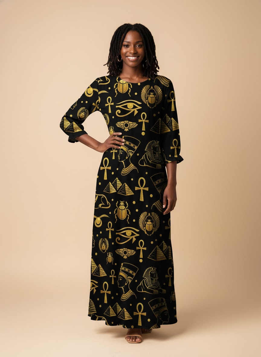 'Nefertiti' Black Gold Long Sleeve Maxi Dress