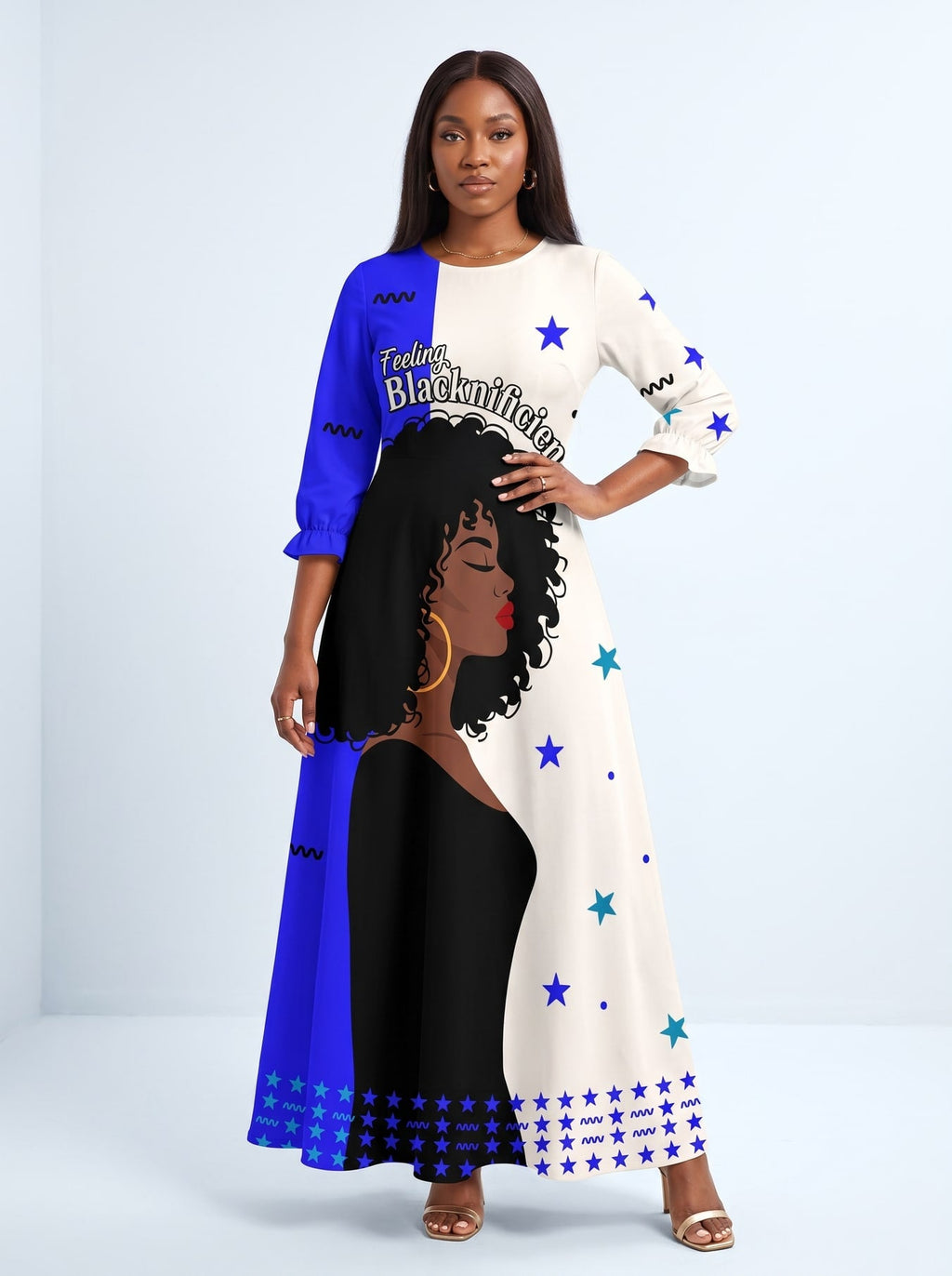 'Feeling Blacknificient Blue' Long Sleeve Maxi Dress