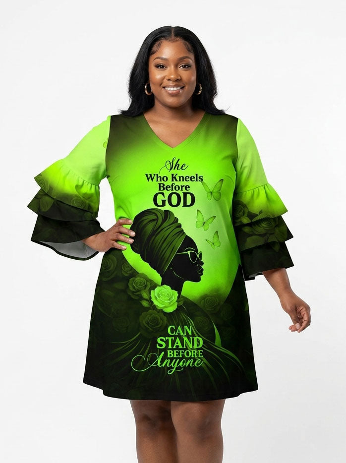 'Selah' Green Stacked Ruffle Sleeve Dress