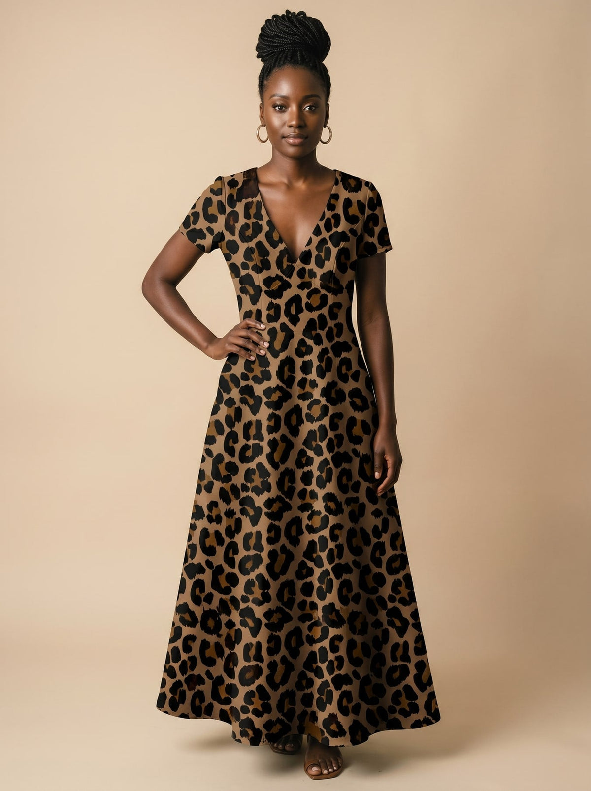 'Unstoppable' Brown Leopard Short Sleeve Maxi Dress