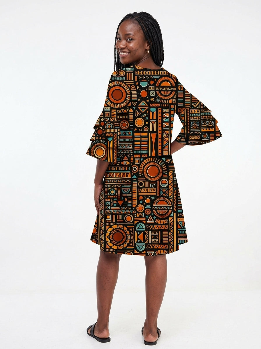 Afrocentric Pattern Stacked Ruffle Sleeve Dress