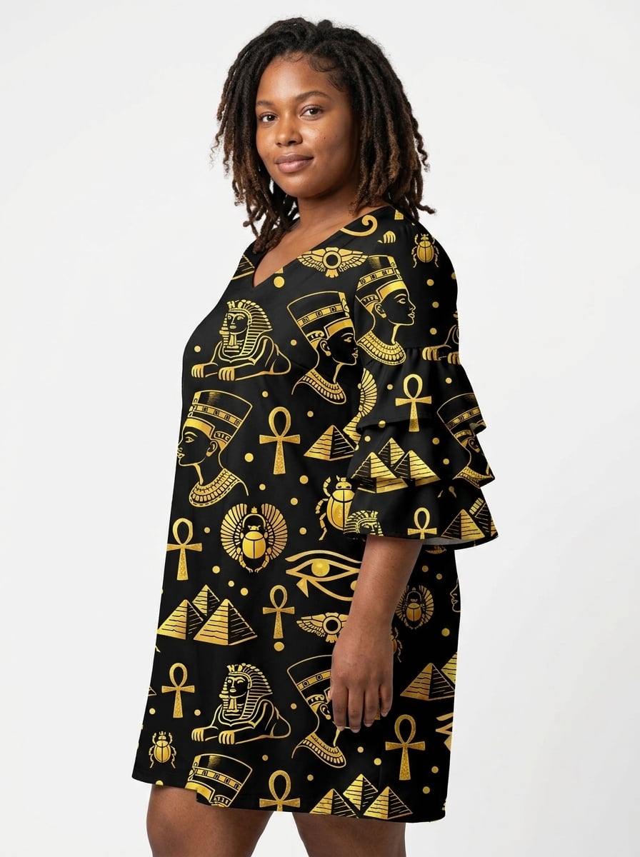 'Nefertiti' Black Gold Stacked Ruffle Sleeve Dress