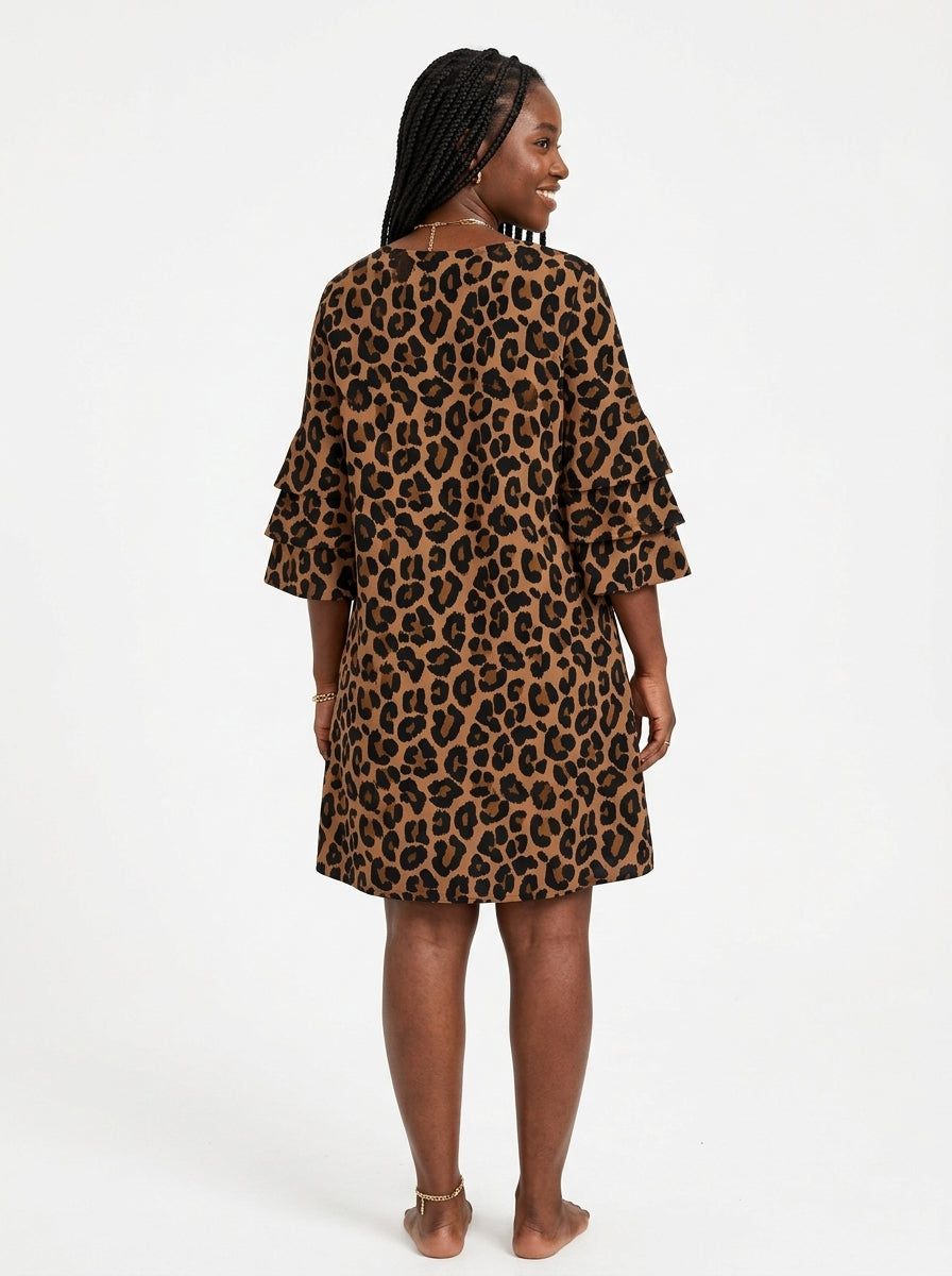 'Unstoppable' Brown Leopard Stacked Ruffle Sleeve Dress