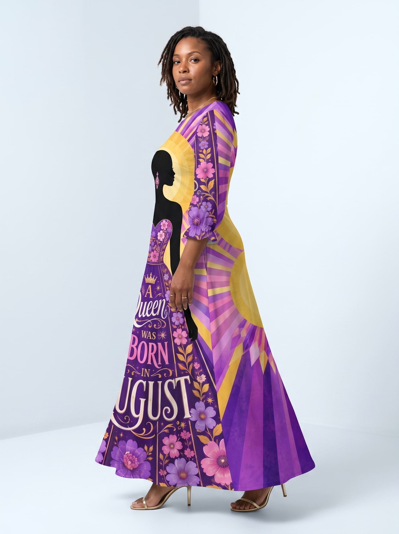 'August Queen Purple Bloom' Long Sleeve Maxi Dress