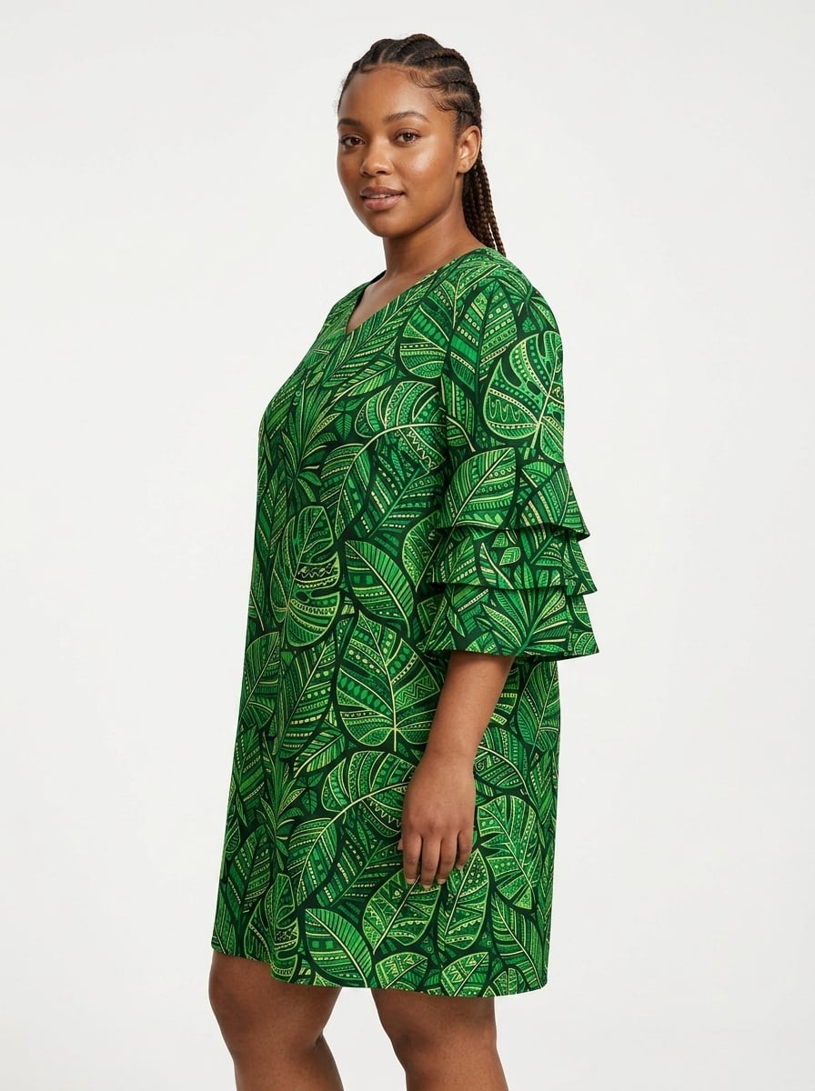 'Asili' Emerald Stacked Ruffle Sleeve Dress