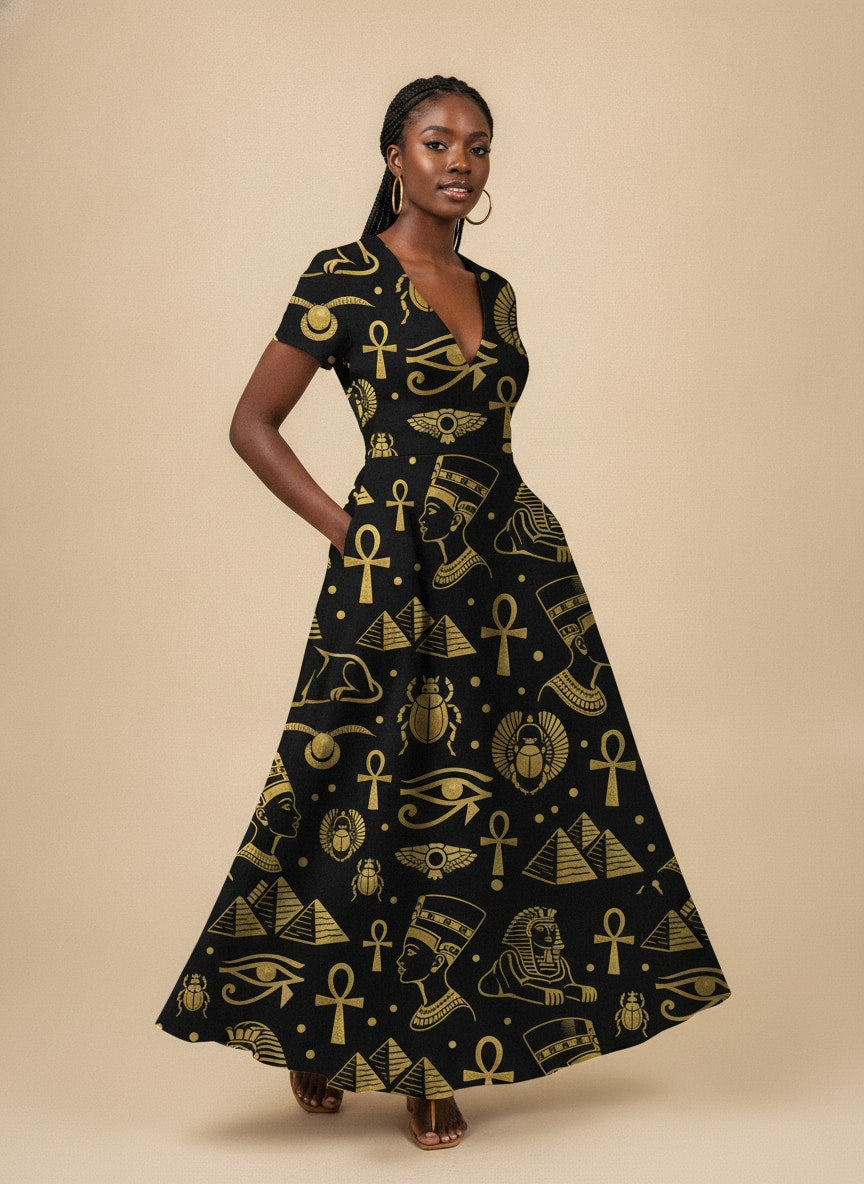 'Nefertiti' Black Gold Short Sleeve Maxi Dress