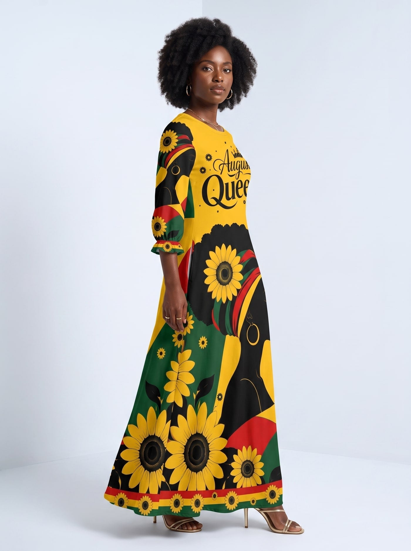 'August Queen Sunflower' Long Sleeve Maxi Dress