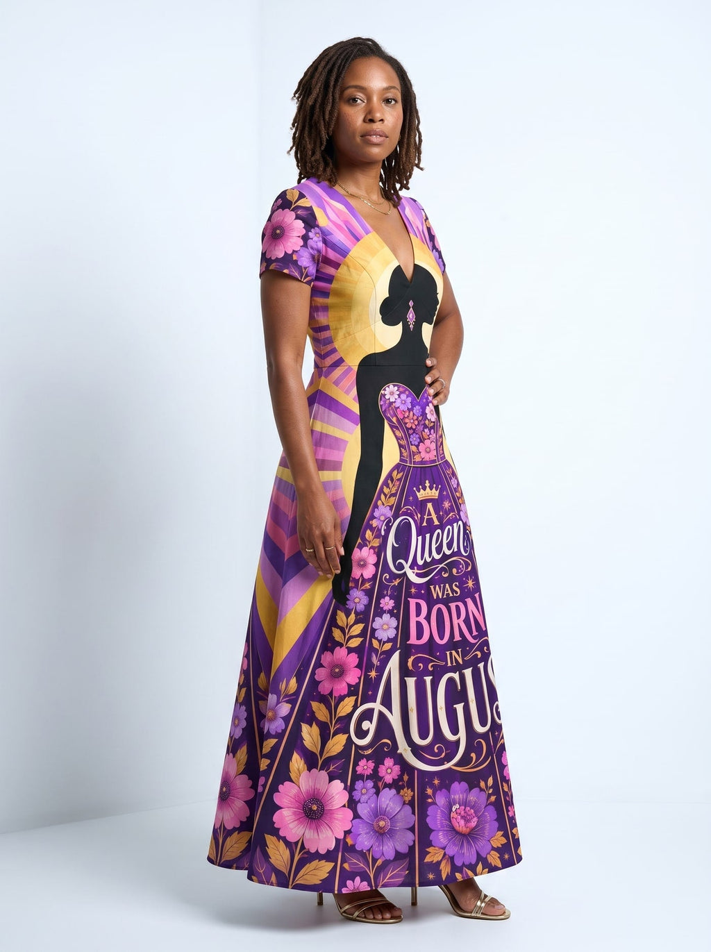 'August Queen Purple Bloom' Short Sleeve Maxi Dress