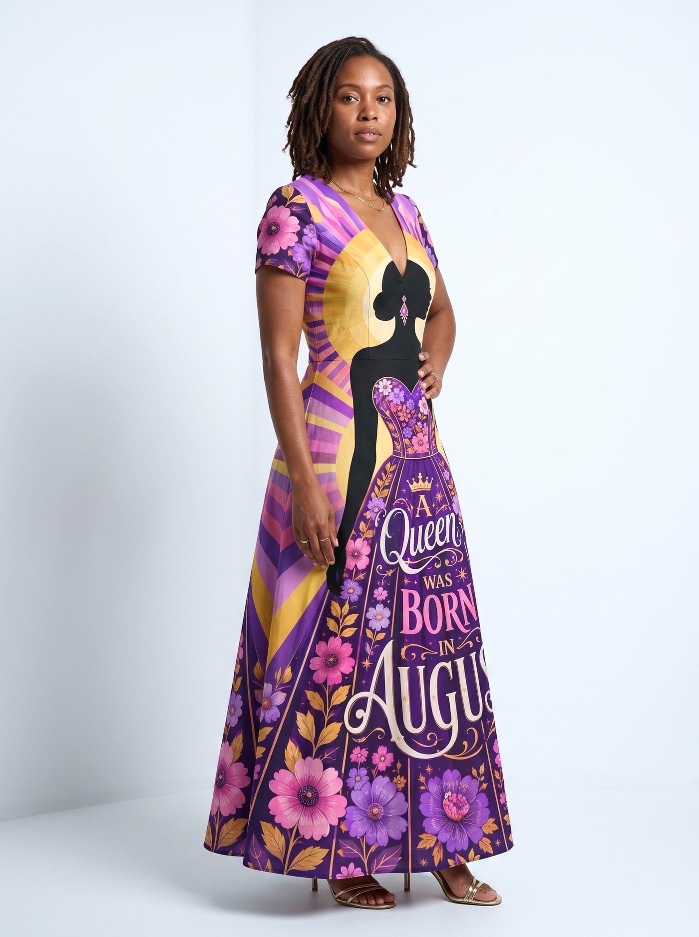 'August Queen Purple Bloom' Short Sleeve Maxi Dress