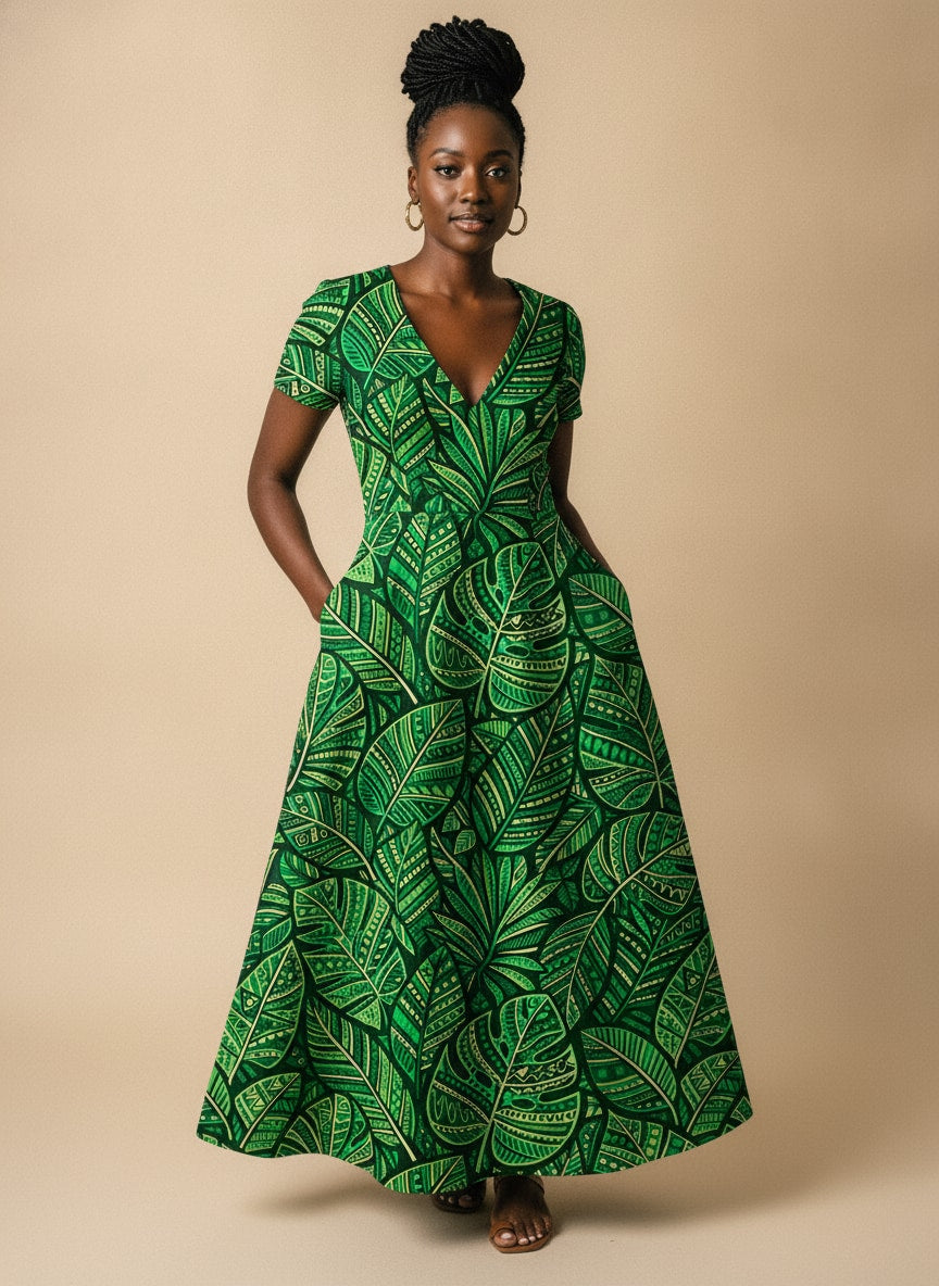 'Asili' Emerald Short Sleeve Maxi Dress