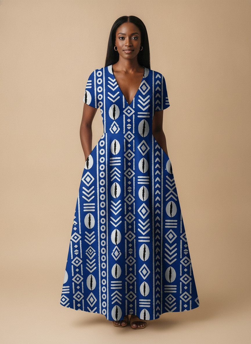 'Oshun' Royal Blue Short Sleeve Maxi Dress