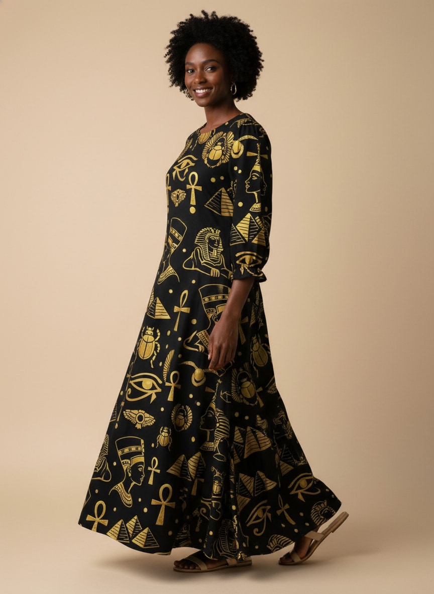 'Nefertiti' Black Gold Long Sleeve Maxi Dress