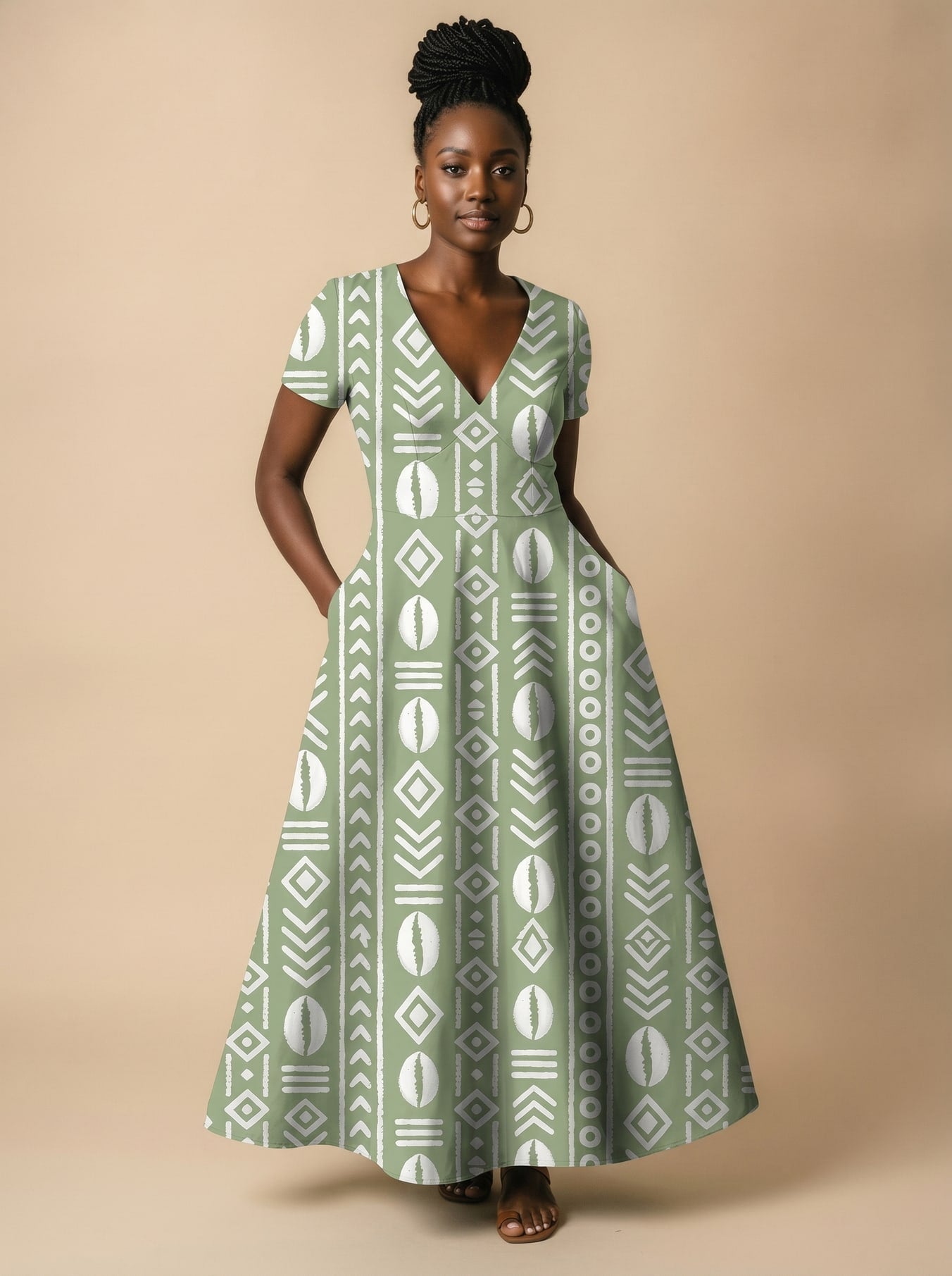 'Oshun Verde' Short Sleeve Maxi Dress
