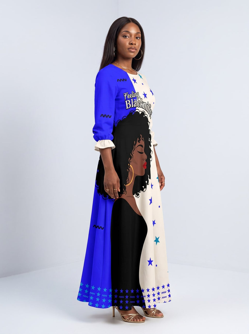 'Feeling Blacknificient Blue' Long Sleeve Maxi Dress