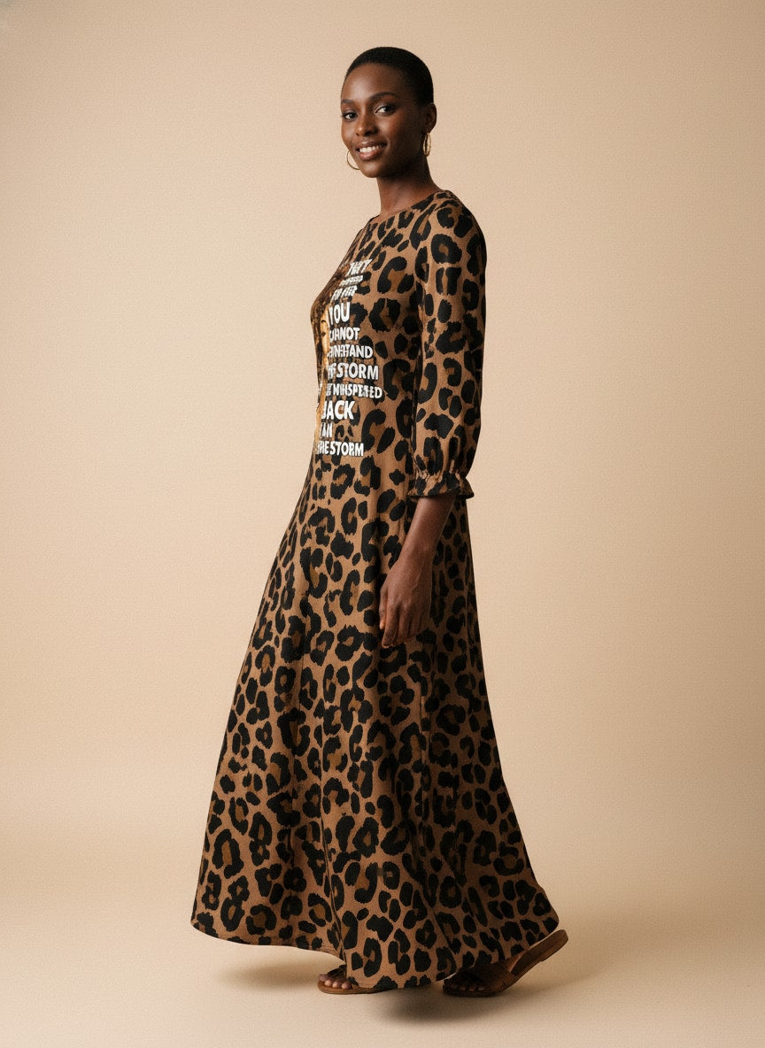'Unstoppable' Brown Leopard Long Sleeve Maxi Dress