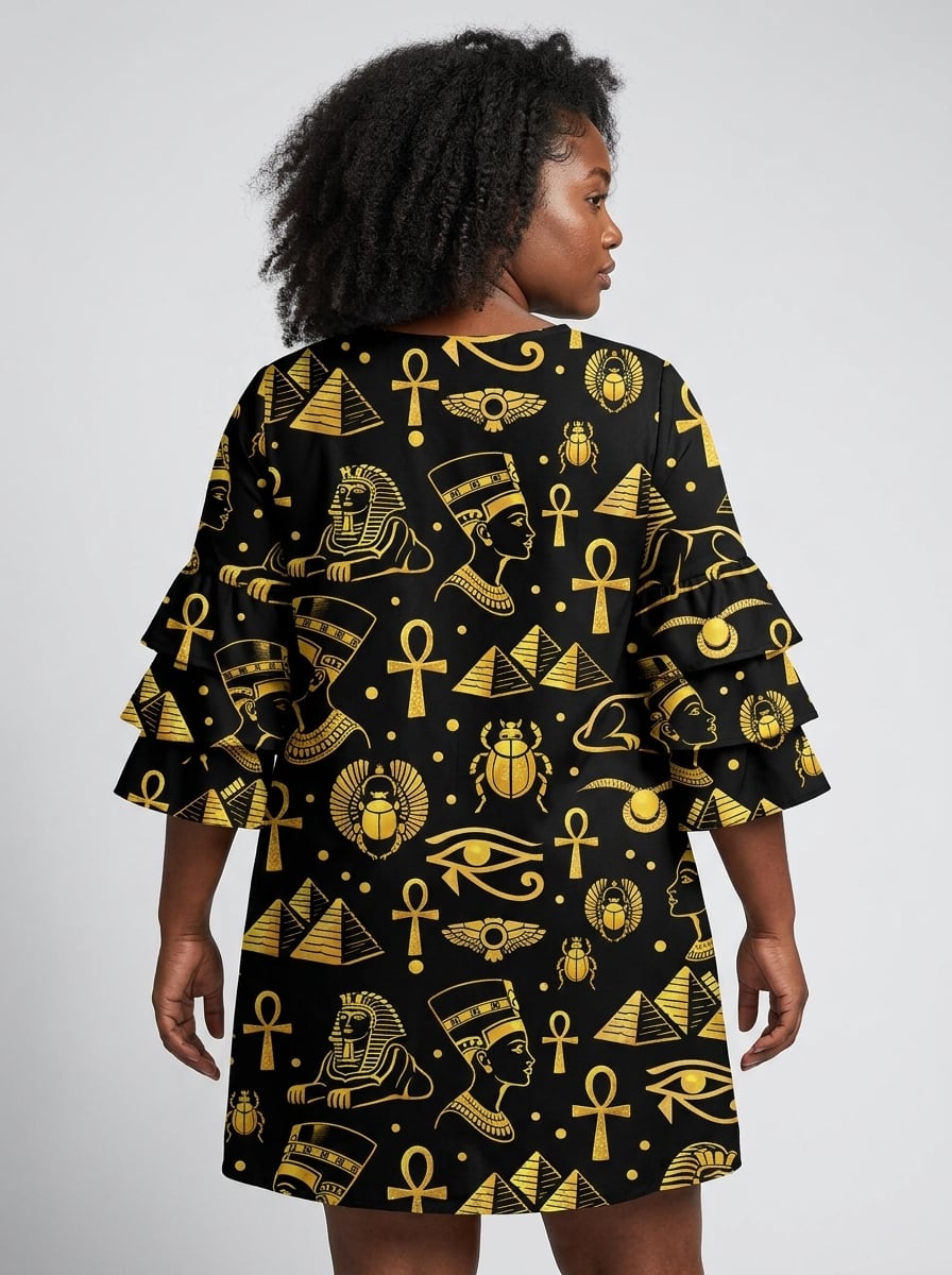 'Nefertiti' Black Gold Stacked Ruffle Sleeve Dress