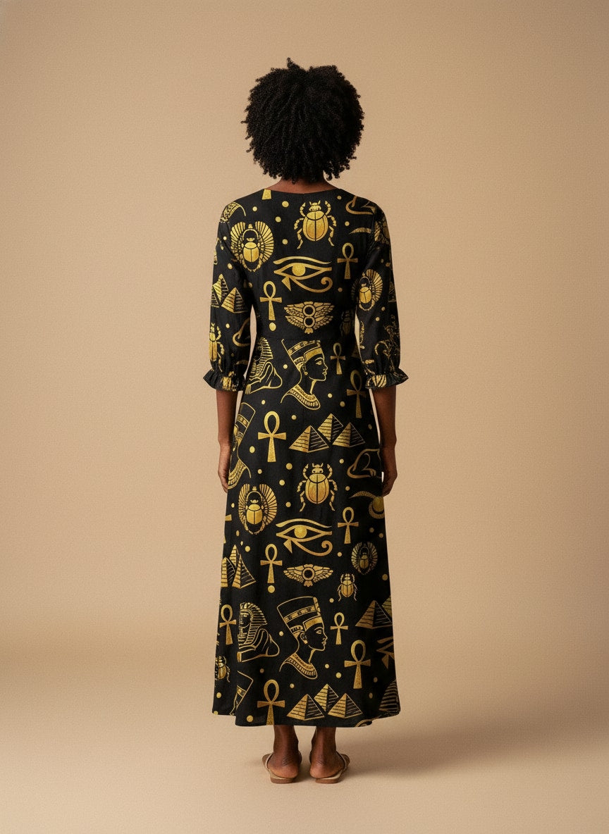 'Nefertiti' Black Gold Long Sleeve Maxi Dress